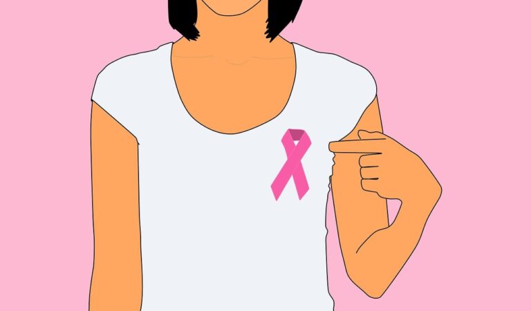 A girl featuring the title "Dispelling the Myths: Unraveling the Truth About Breast Cancer" against a pink background, with an illustration of a pink ribbon intertwined with facts and information.